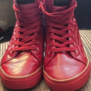 Guess  Red High-Top  Sneakers with Leather Finish Shoes